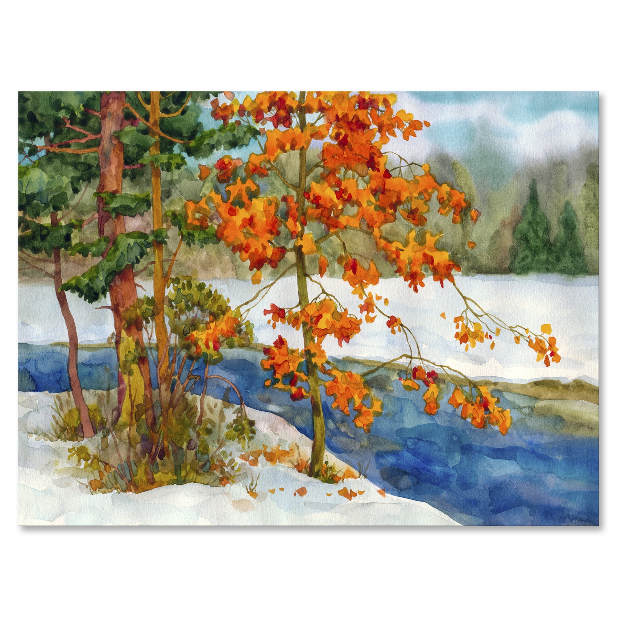 Designart ' Stream Through The Winter Forest I ' Lake House Canvas Wall Art Print