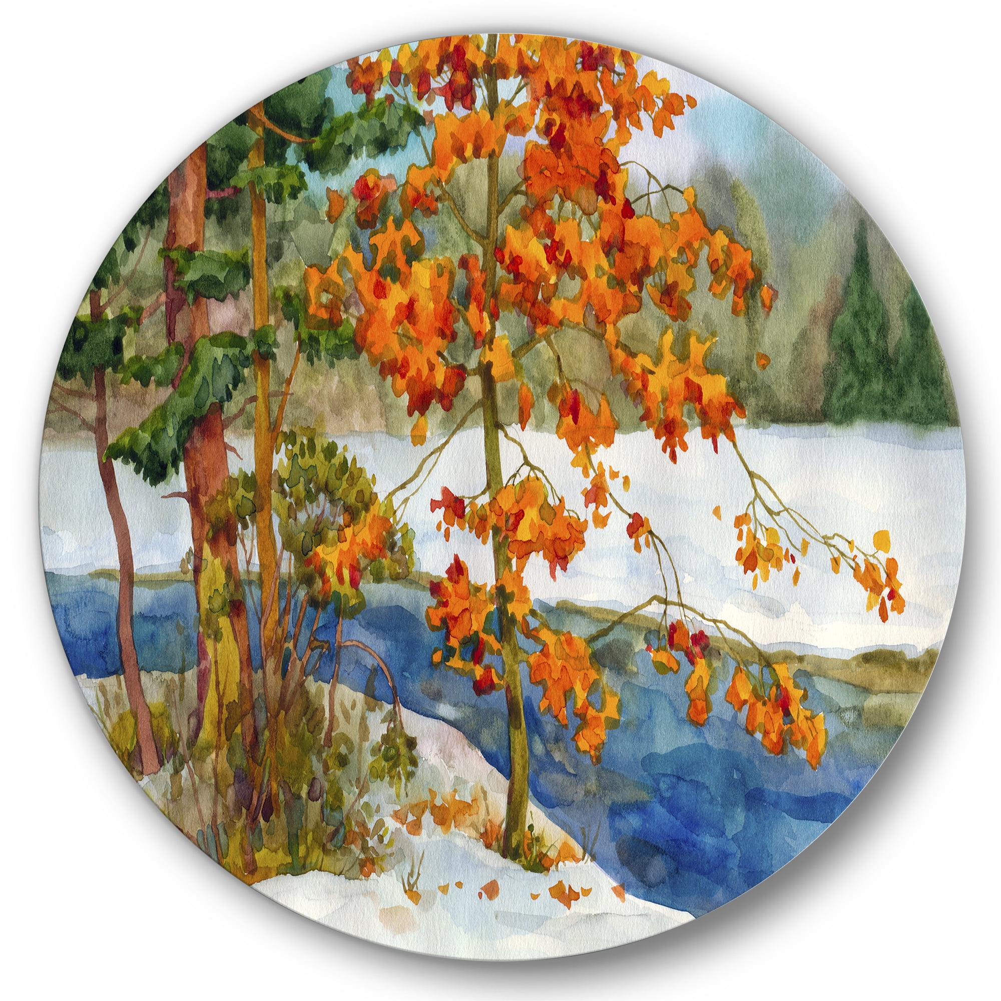 Designart 'Stream Through The Winter Forest I' Lake House Circle Metal Wall Art 23x23 - Disc of 23