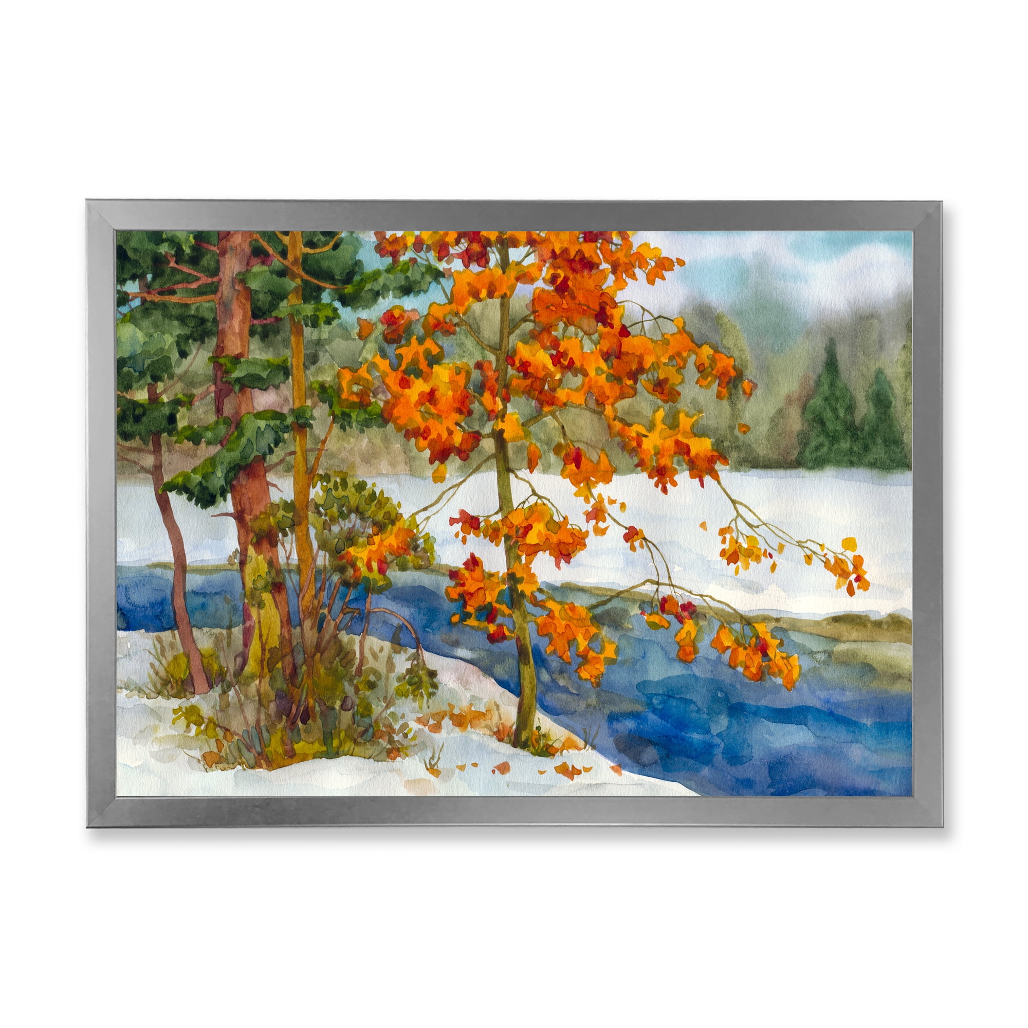Designart 'Stream Through The Winter Forest I' Lake House Framed Art Print