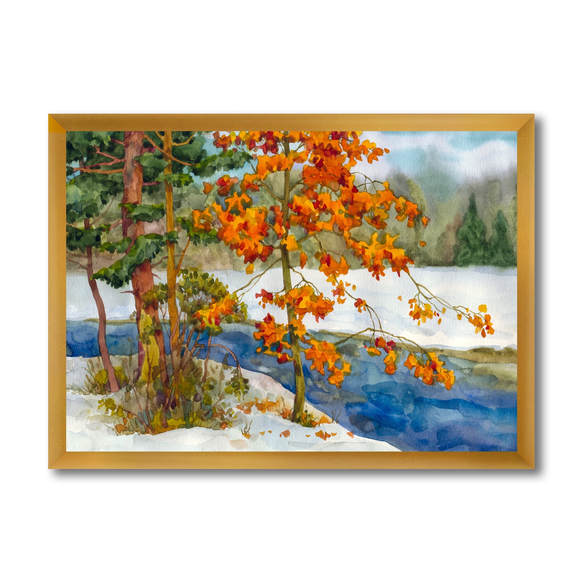 Designart 'Stream Through The Winter Forest I' Lake House Framed Art Print