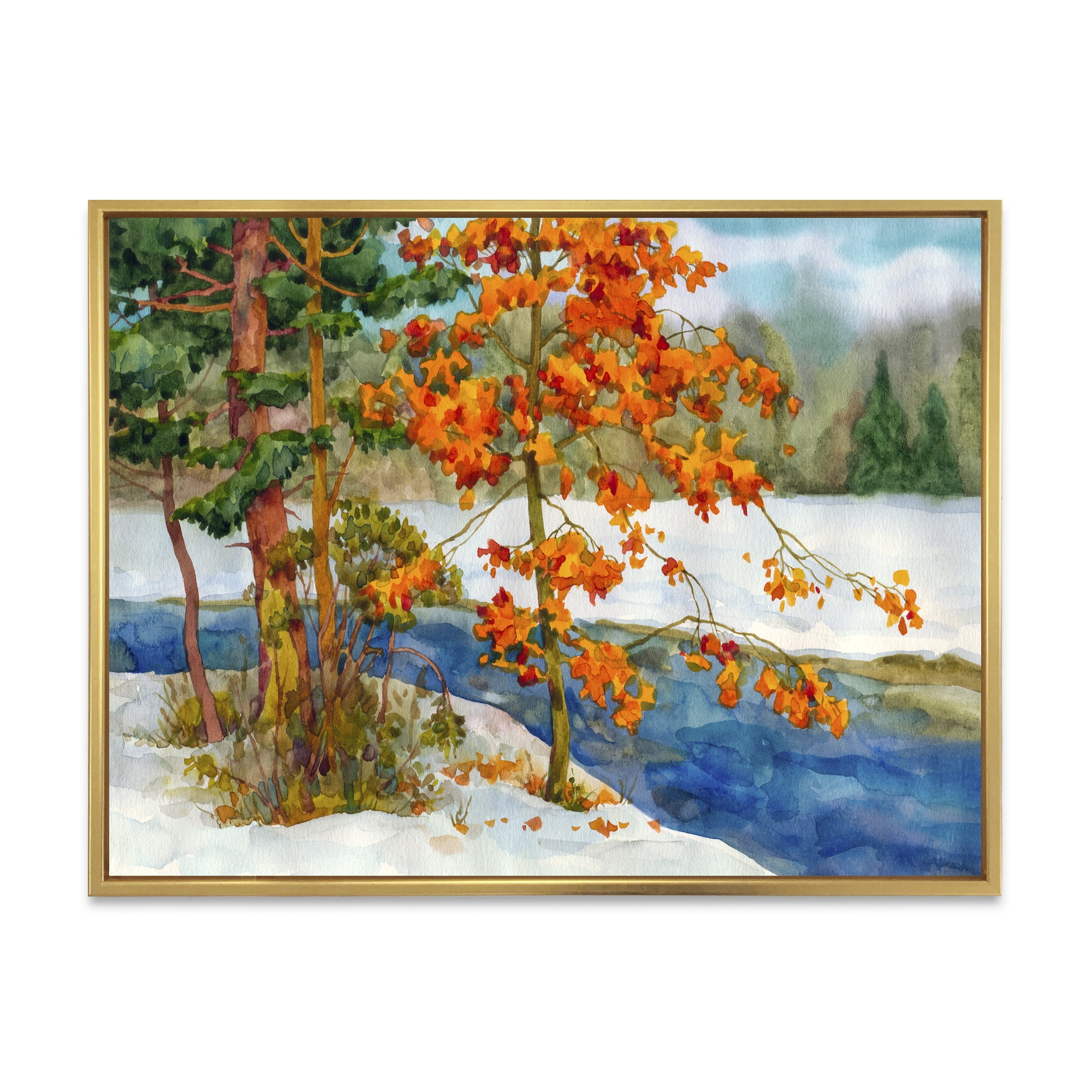 Designart 'Stream Through The Winter Forest I' Lake House Framed Canvas Wall Art Print