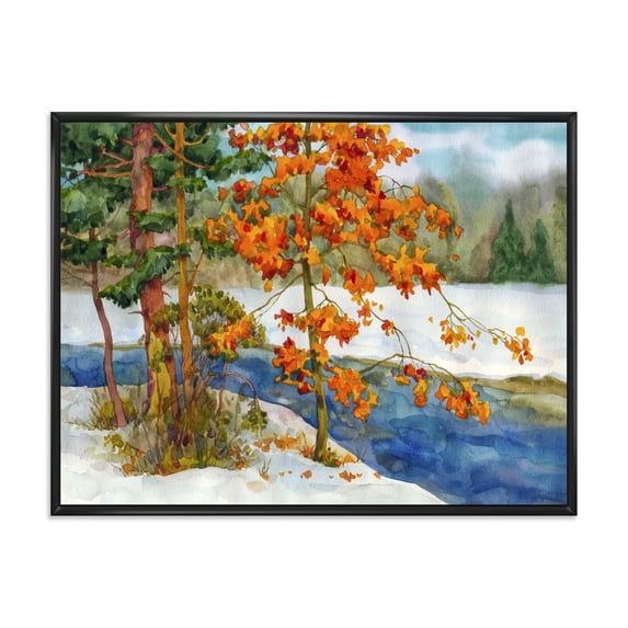 Designart 'Stream Through The Winter Forest I' Lake House Framed Canvas Wall Art Print