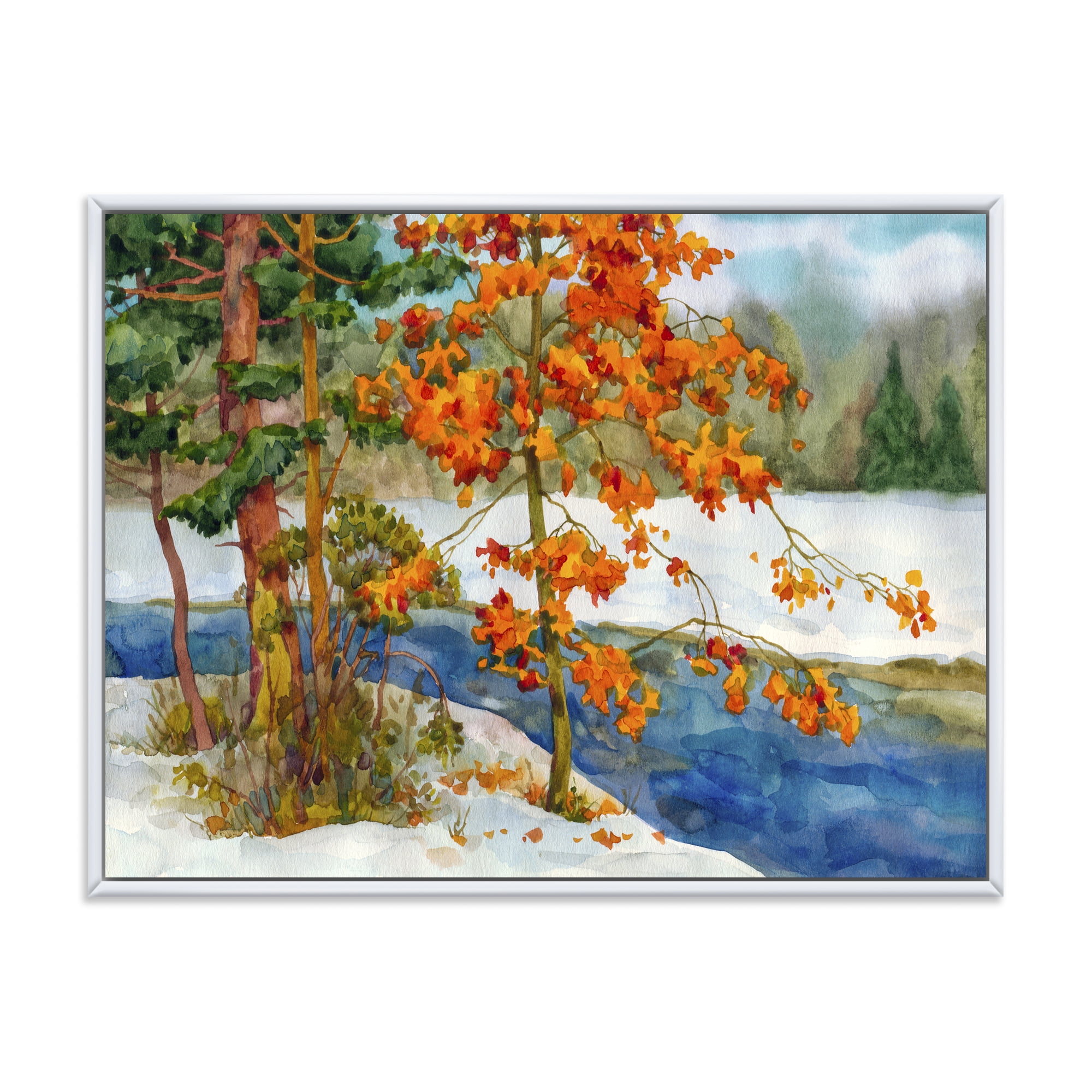 Designart 'Stream Through The Winter Forest I' Lake House Framed Canvas Wall Art Print