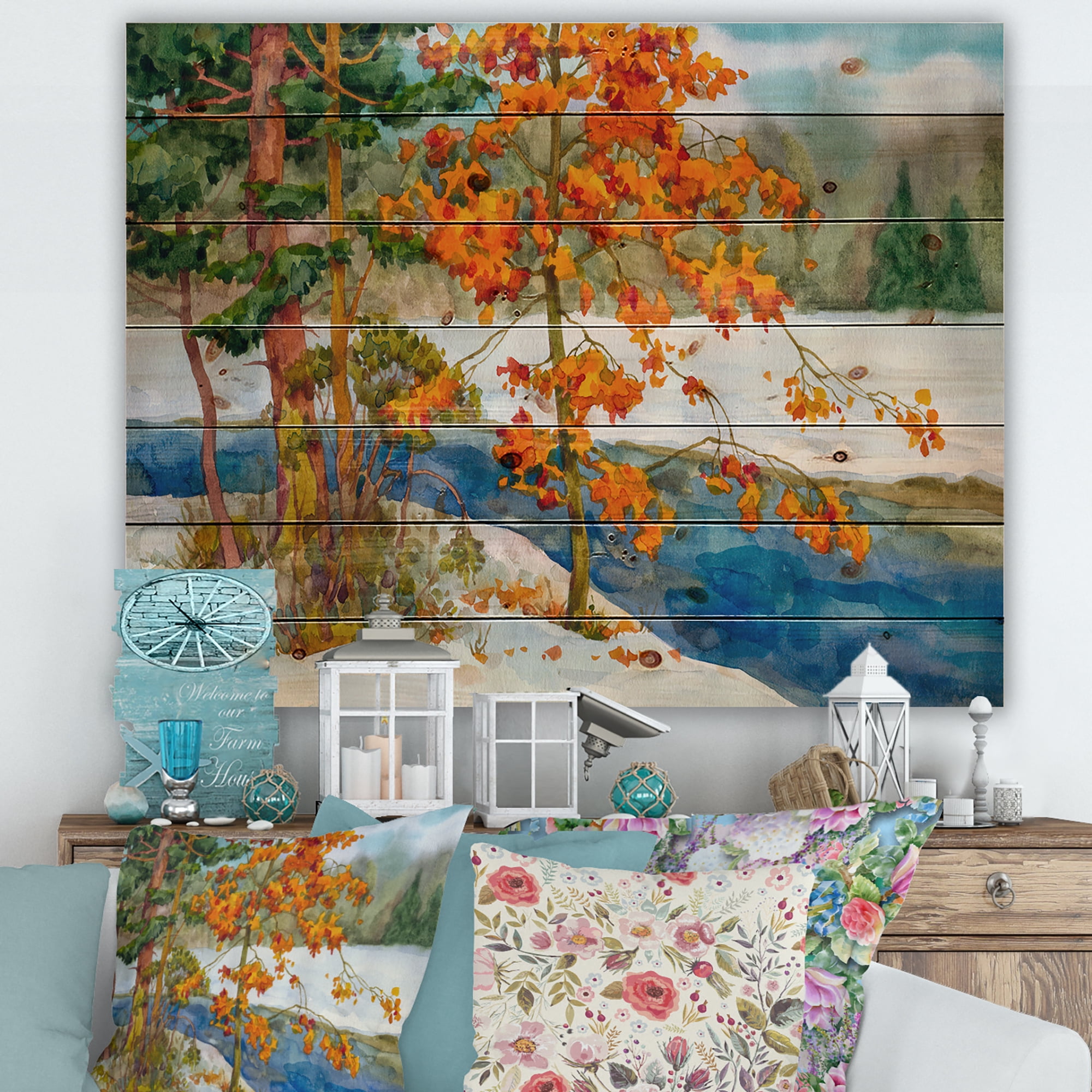 Designart 'Stream Through The Winter Forest I' Lake House Print on Natural Pine Wood