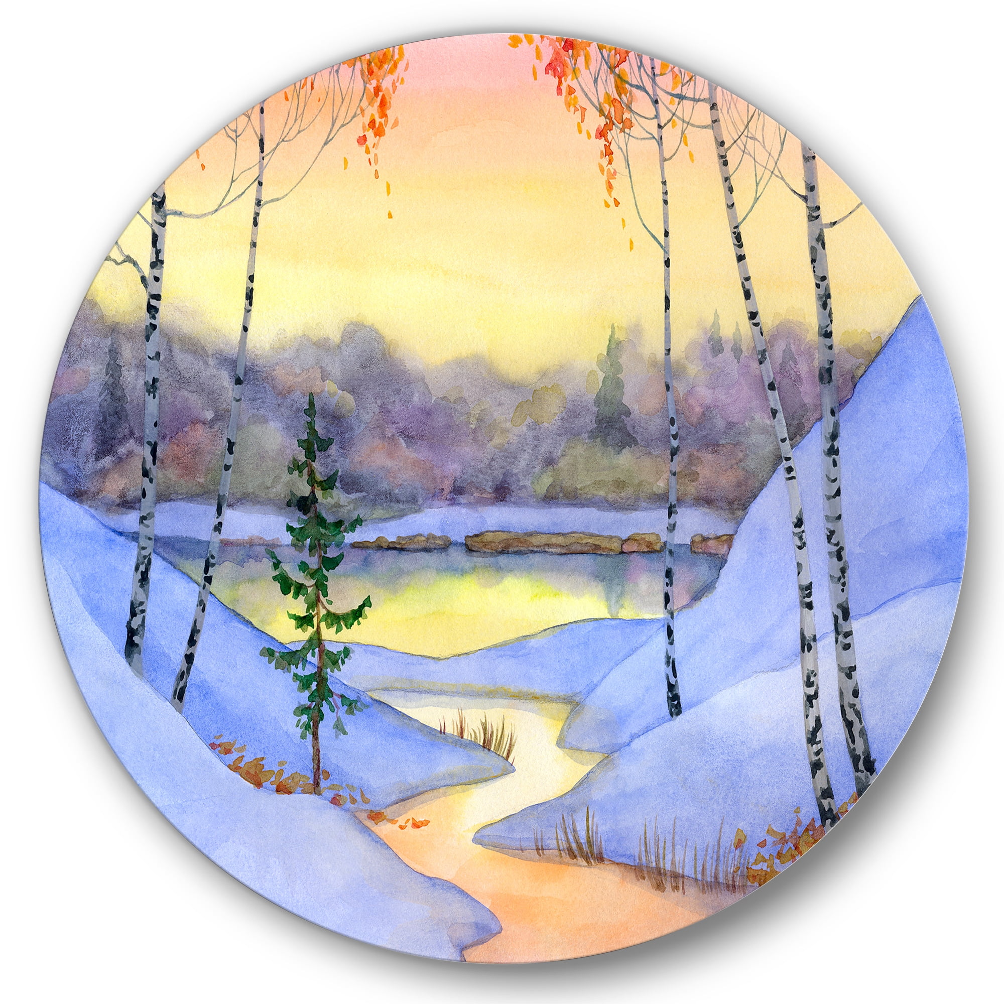 Designart 'Stream Through The Winter Forest II' Lake House Circle Metal Wall Art 11x11 - Disc of 11