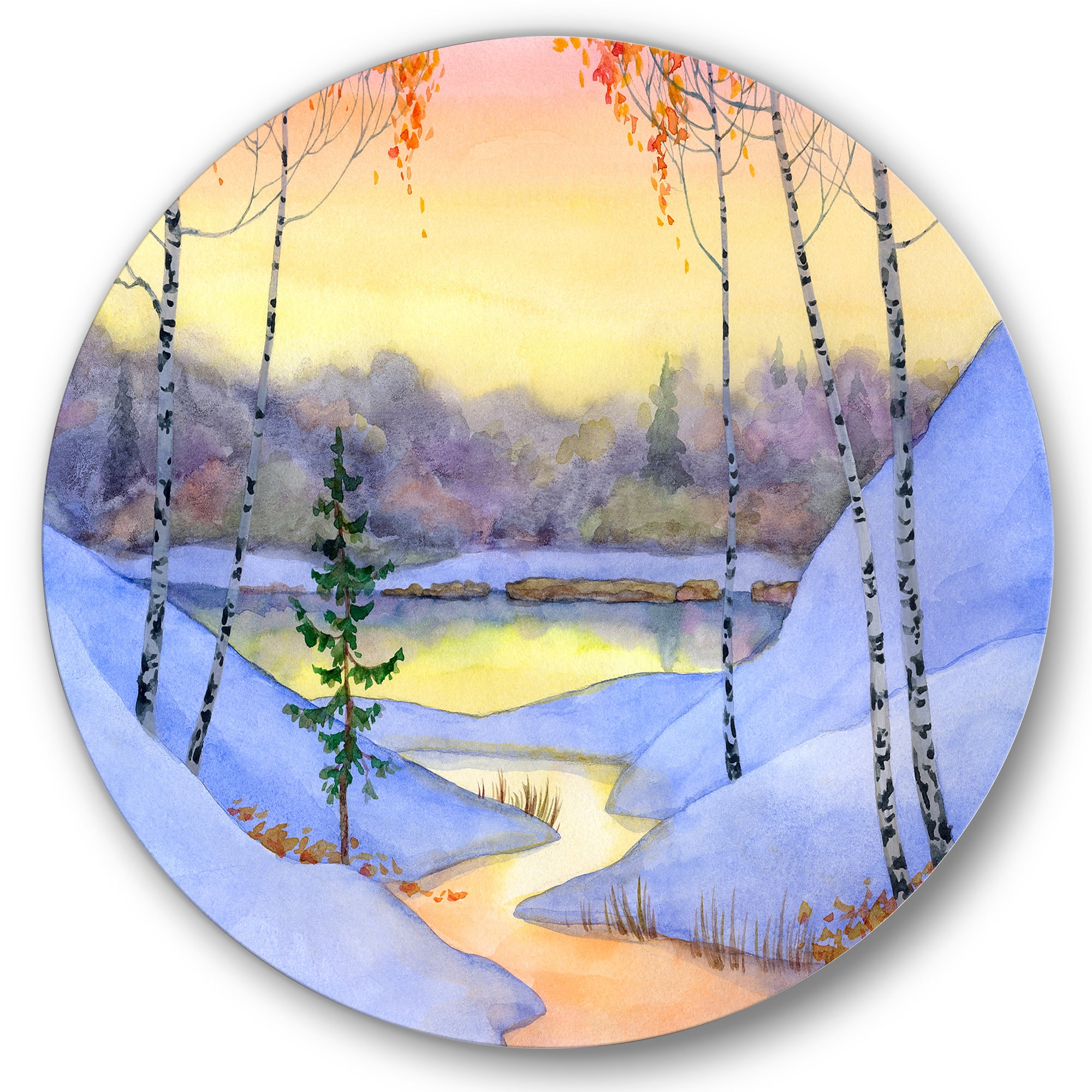 Designart 'Stream Through The Winter Forest II' Lake House Circle Metal Wall Art 36x36 - Disc of 36