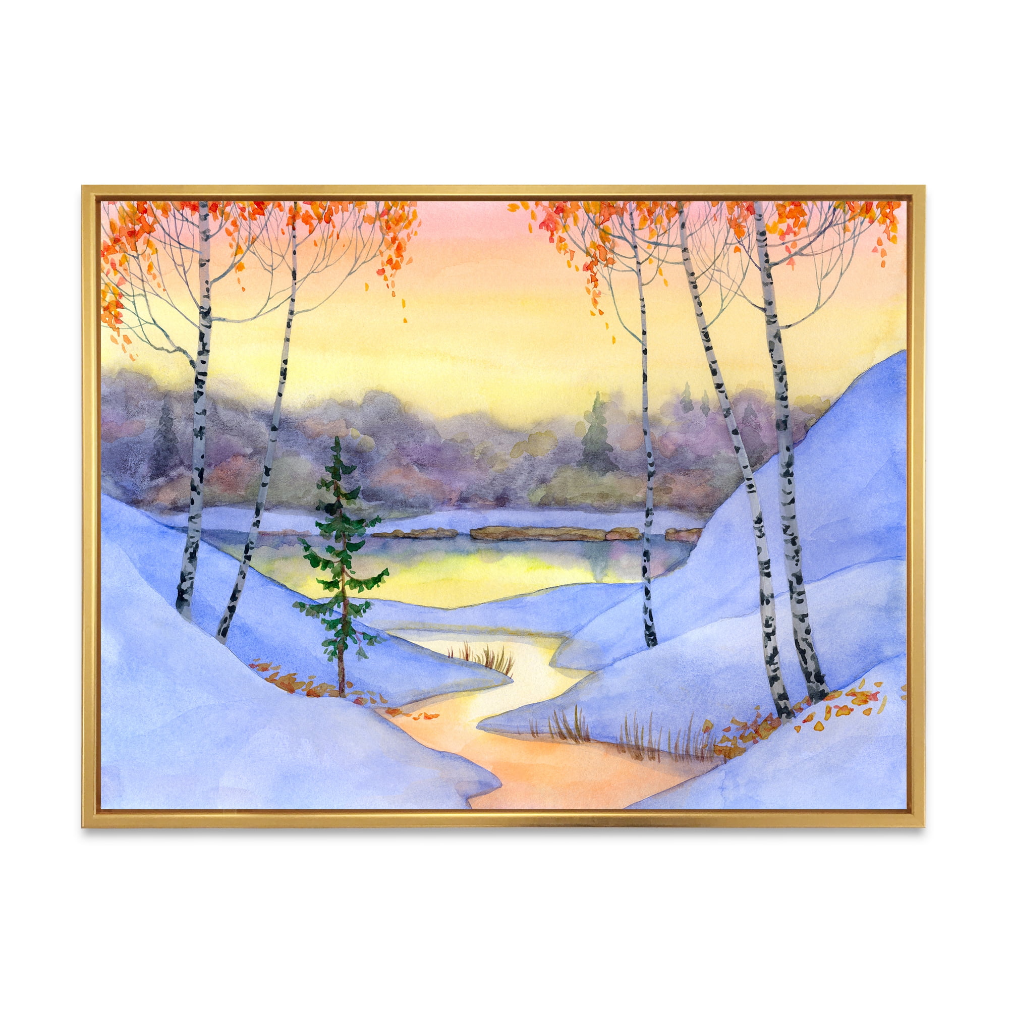 Designart 'Stream Through The Winter Forest II' Lake House Framed Canvas Wall Art Print