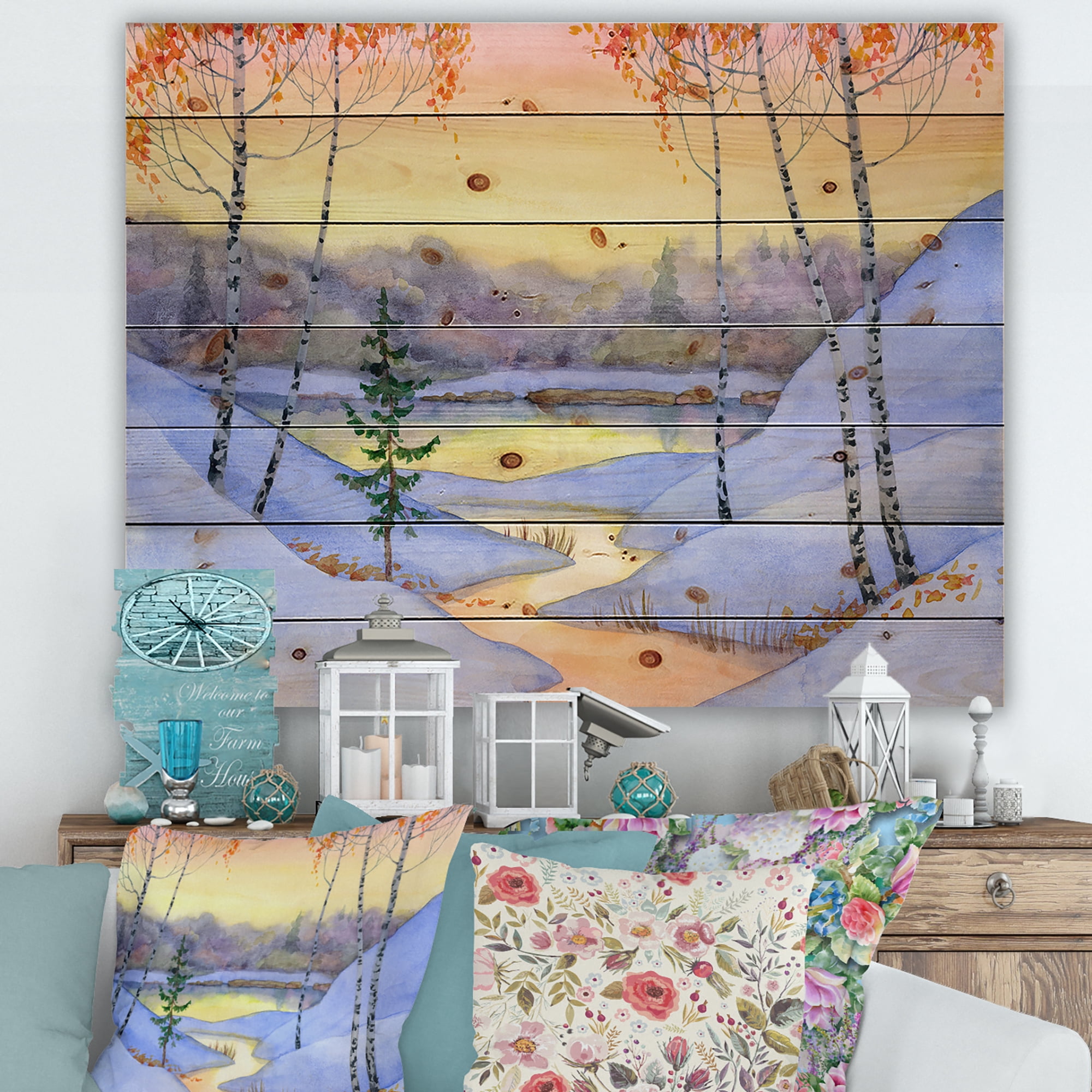 Designart 'Stream Through The Winter Forest II' Lake House Print on Natural Pine Wood