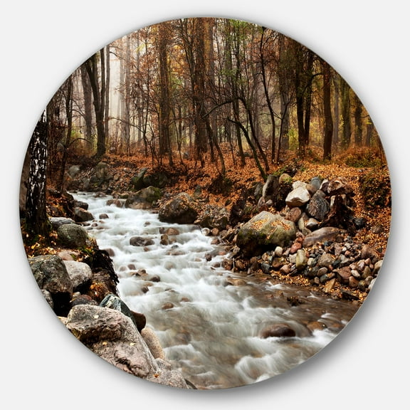 Designart 'Stream in Autumn Forest' Landscape Photography Circle Metal Wall Art