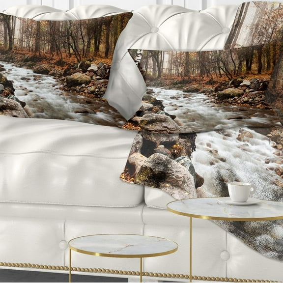 Designart Stream in Autumn Forest - Landscape Photography Throw Pillow - 12x20