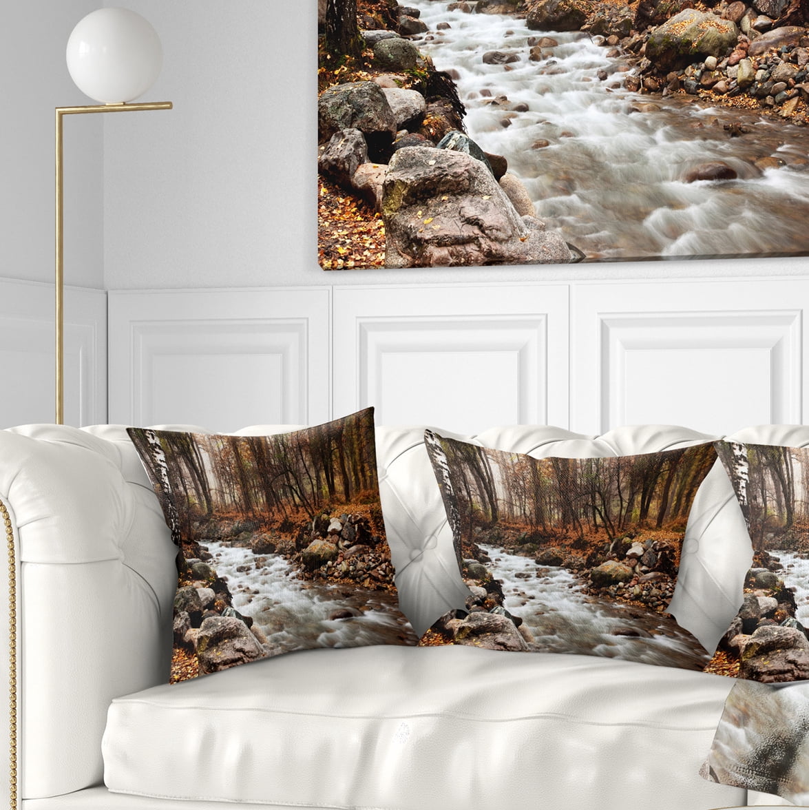 Designart Stream in Autumn Forest - Landscape Photography Throw Pillow - 16x16