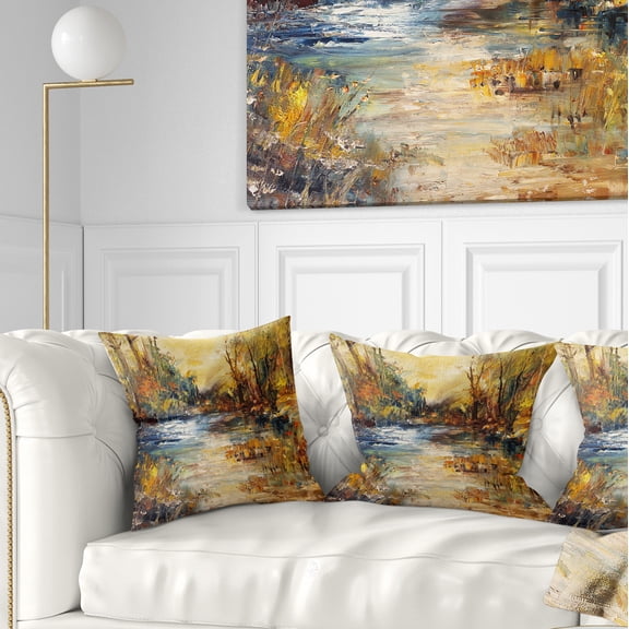 Designart Stream in Forest Oil Painting - Landscape Painting Throw Pillow - 18x18
