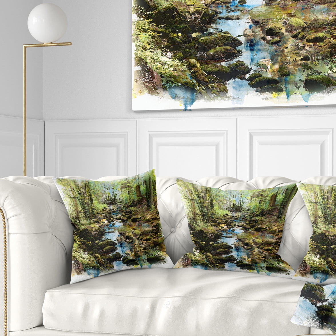 Designart Stream in the Forest - Landscape Painting Throw Pillow - 16x16