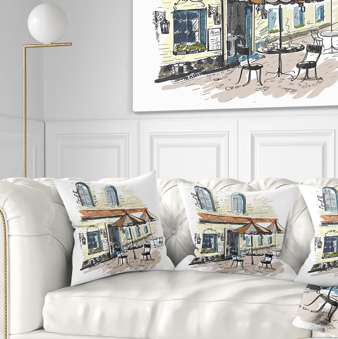 Designart Street Cafe - Watercolor Painting Throw Pillow - 18x18