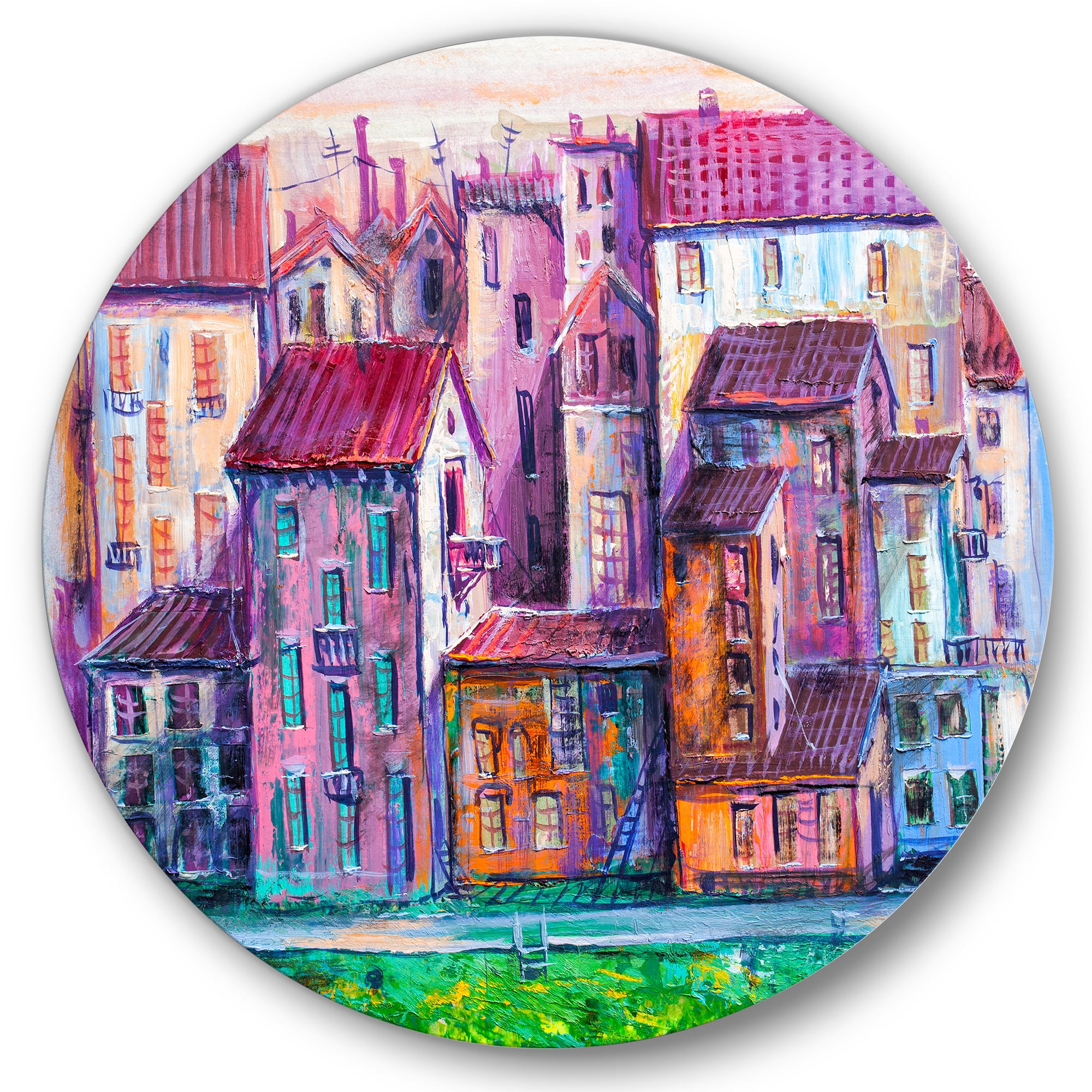 Designart 'Street With Colorful Old Homes Landscape' Modern Circle Metal Wall Art 29x29 - Disc of 29