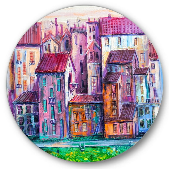 Designart 'Street With Colorful Old Homes Landscape' Modern Circle Metal Wall Art 36x36 - Disc of 36