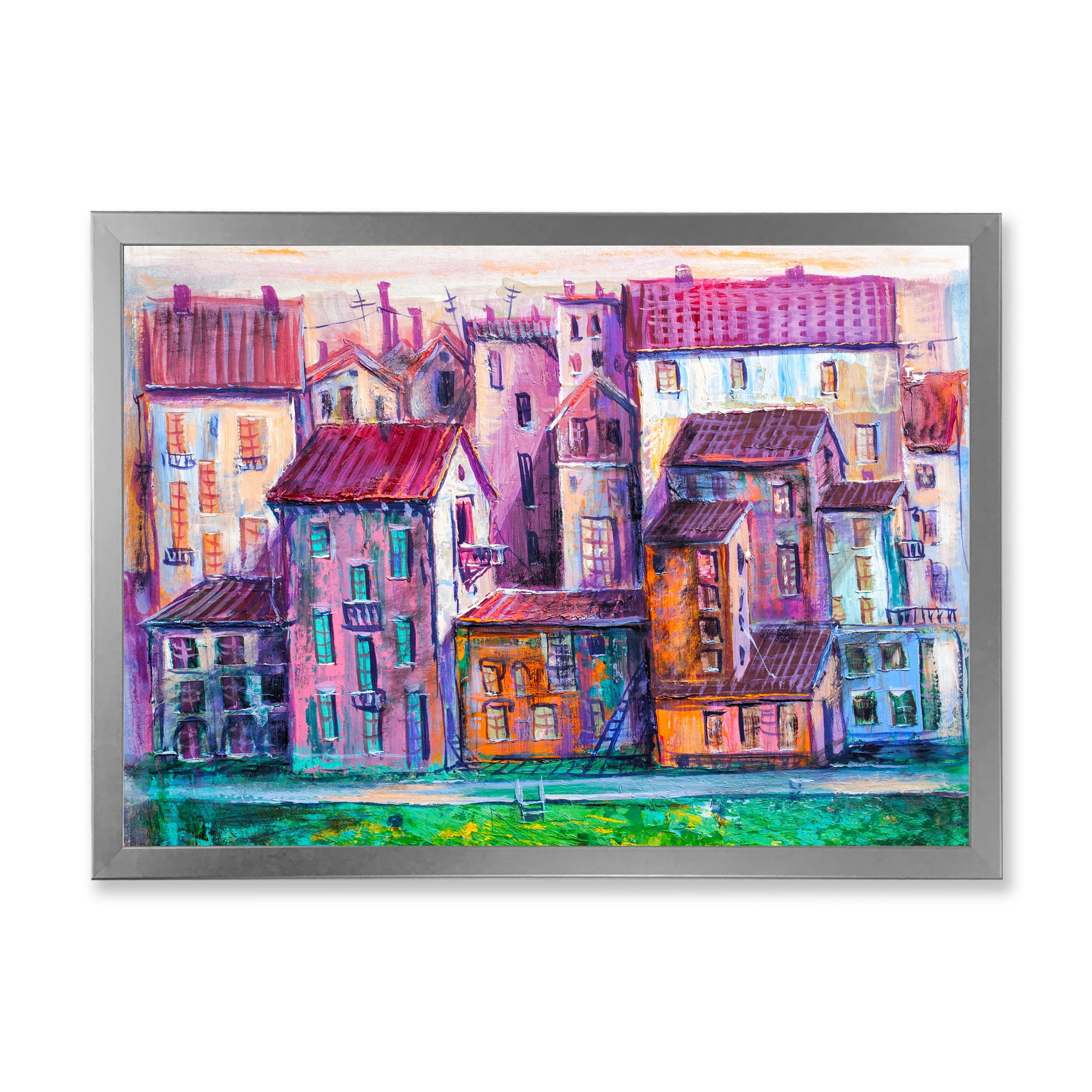 Designart 'Street With Colorful Old Homes Landscape' Modern Framed Art Print