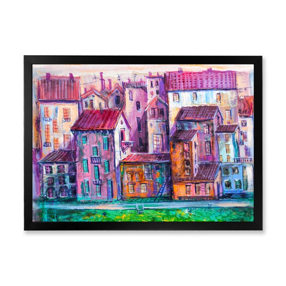Designart 'Street With Colorful Old Homes Landscape' Modern Framed Art Print