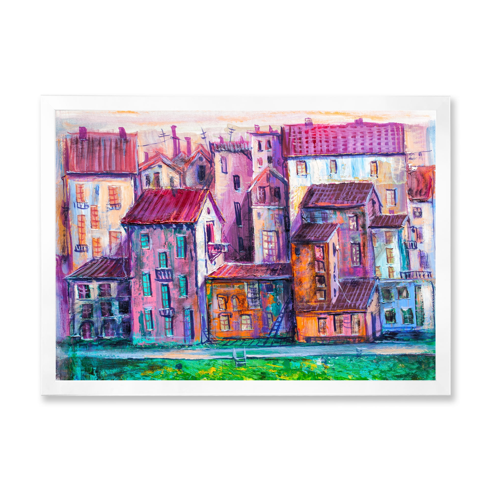 Designart 'Street With Colorful Old Homes Landscape' Modern Framed Art Print
