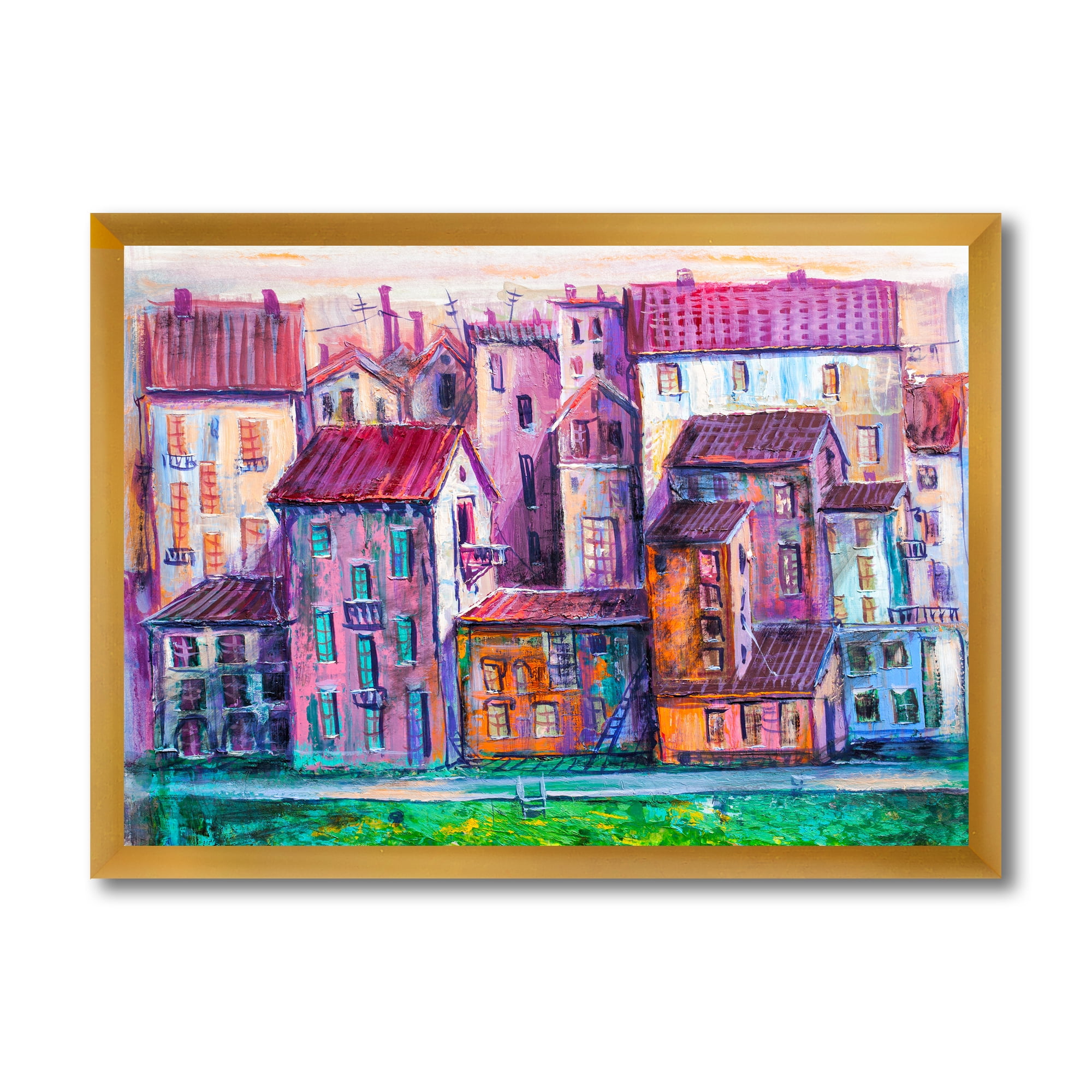 Designart 'Street With Colorful Old Homes Landscape' Modern Framed Art Print