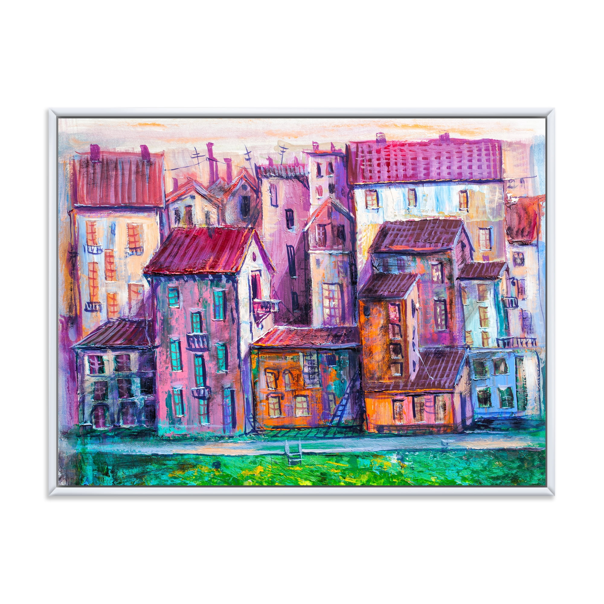 Designart 'Street With Colorful Old Homes Landscape' Modern Framed Canvas Wall Art Print