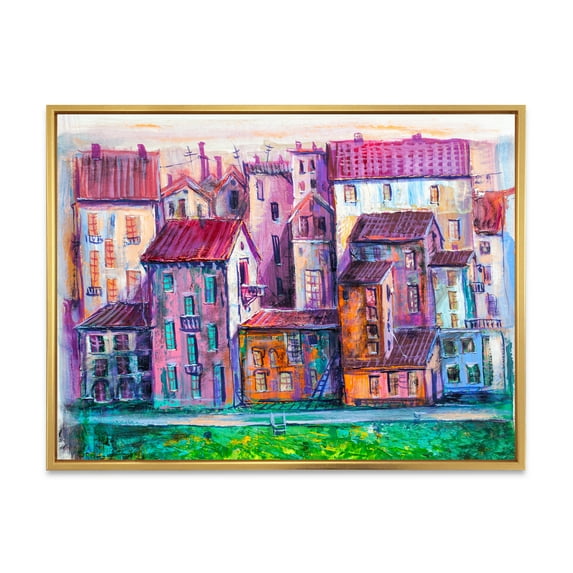 Designart 'Street With Colorful Old Homes Landscape' Modern Framed Canvas Wall Art Print
