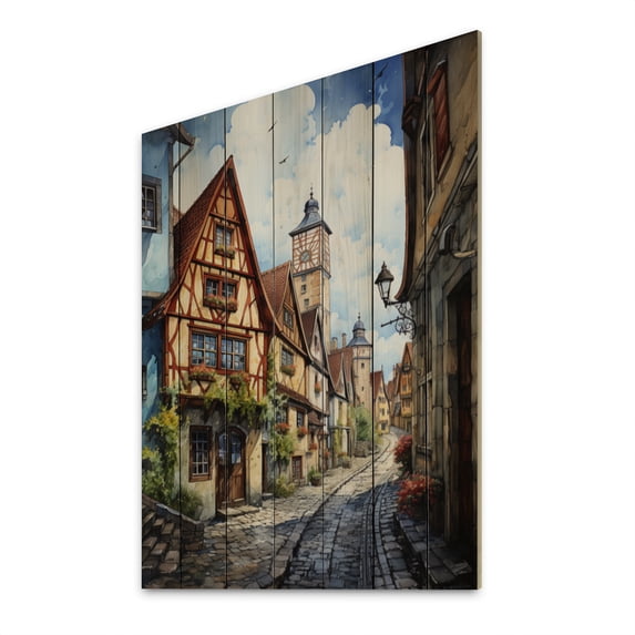 Designart "Street in Rothenburg, Germany II" Cityscapes Print on Natural Pine Wood