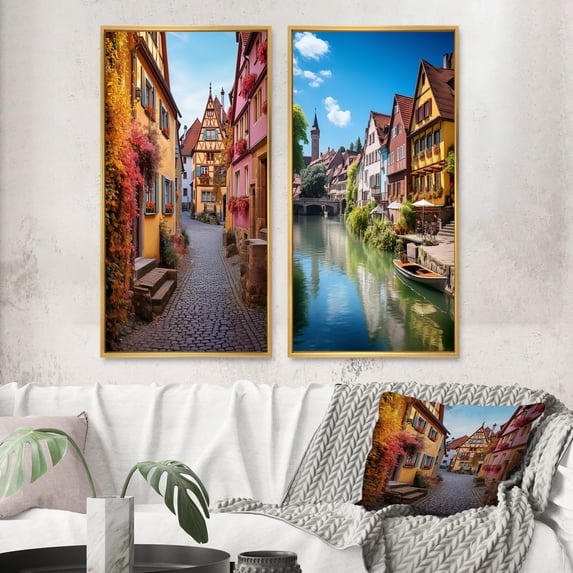 Designart "Street in Rothenburg, Germany III" Germany Framed Wall Art Set Of 2 - Multi-Color Landscapes Framed Canvas Set For Living Room Decor