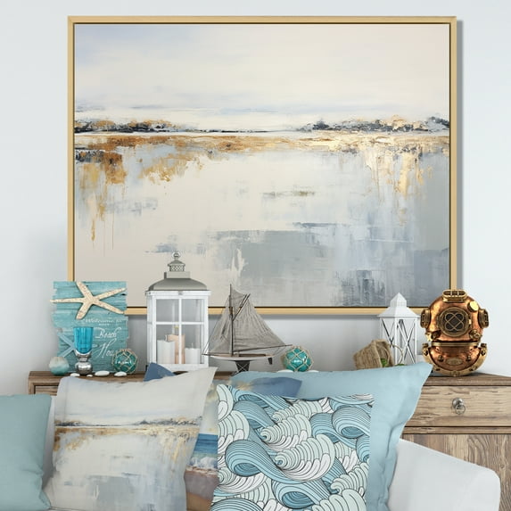 Designart "Striking Beige And Gold Skyline By The Coast" Port Landscape Floater Framed Wall Art Living Room