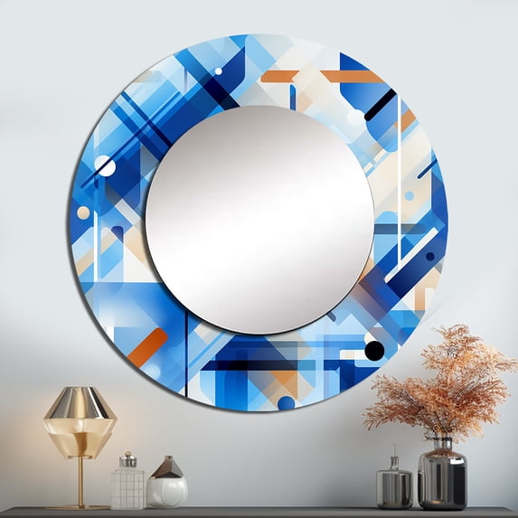 Designart "Striking Grid Pattern in Cobalt and White II" Geometric Rund Mirror For Wall Decor - Large Blue Round Print Mirror - Round Modern Mirror - Wall Mounted Round Large Mirror - 29" x 29"