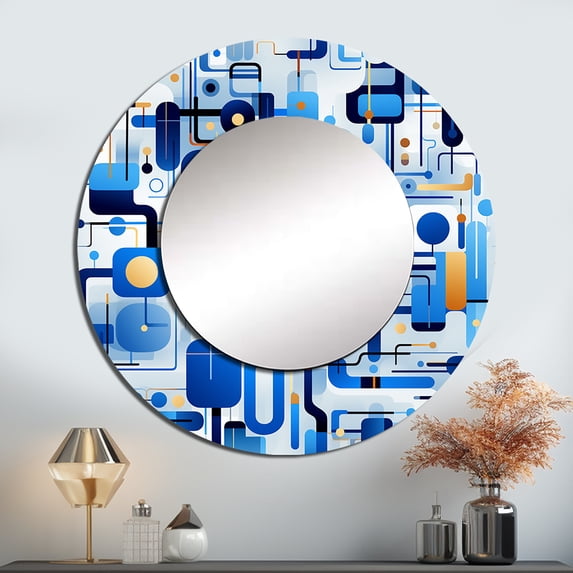 Designart "Striking Grid Pattern In Cobalt And White" Geometric Blue Large Round Mirror - Round Bedroom Mirror Wall Decor - Modern Round Printed Mirror - 29" x 29"