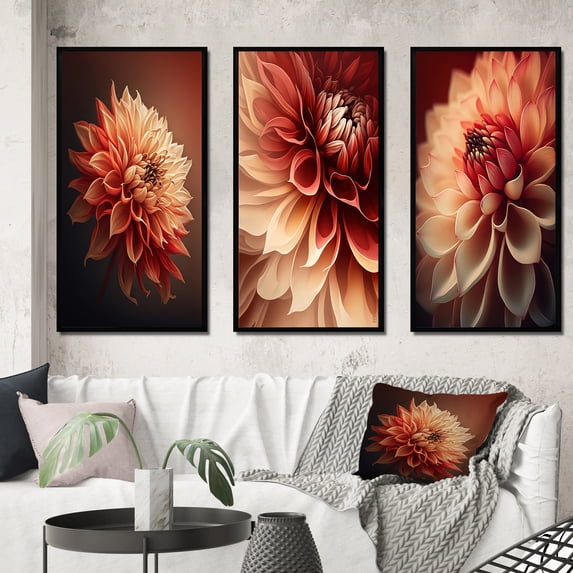 Designart "Striking Orange Dahlia Bloom III" Floral Dahlia Framed Wall Art Set Of 3 - Orange Dahlia Frame Gallery Set For Office Decor