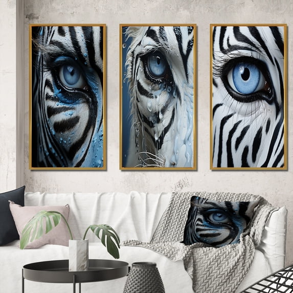 Designart "Striking Patterns on a Zebra II" Animals Framed Wall Art Set Of 3 - White Zebra Frame Canvas Set For Living Room Decor