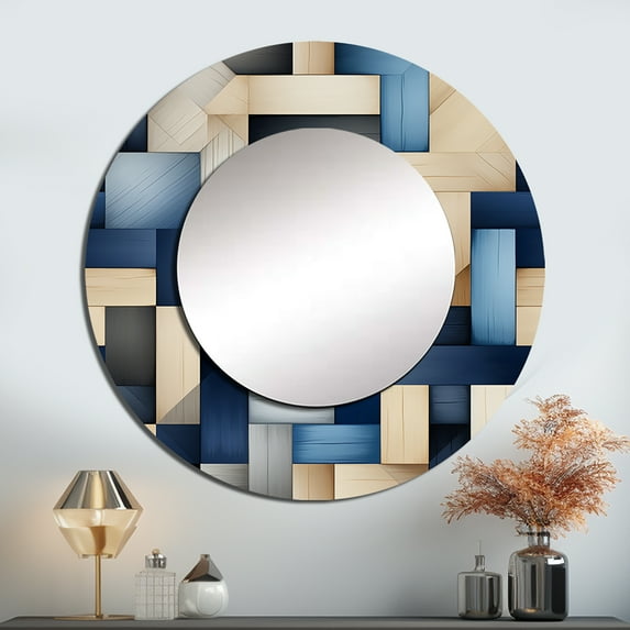 Designart "Striped Symmetry in Beige and Blue I" Geometric Blue Large Round Mirror - Round Bedroom Mirror Wall Decor - Modern Round Printed Mirror - 29" x 29"