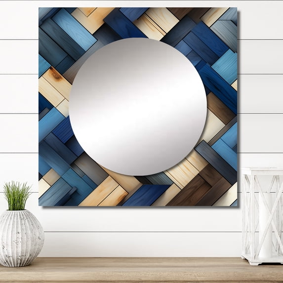 Designart "Striped Symmetry In Beige And Blue" 0 Square Mirror For Wall Decor - Large Blue Square Mirror Printed Wall Decor - Modern Square Living Room Mirror