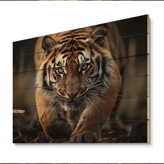 Designart "Stripes of Power The Majestic Tiger I" Animals Print on Natural Pine Wood