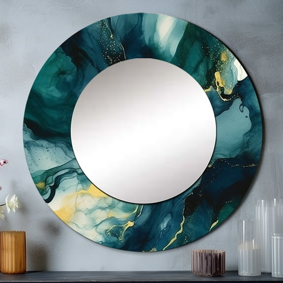 Designart "Strokes in Dark Blue and Gold XIX" Fractals Rund Mirror For Wall Decor - Large Blue Round Print Mirror - Round Modern Mirror 23" x 23" Inch - Wall Mounted Round Large Mirror
