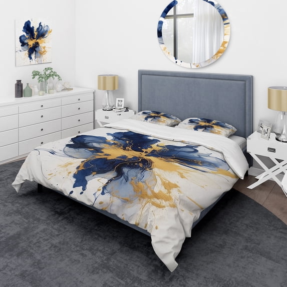 Designart "Strokes in Dark Blue and Gold I" Fractals Bedding Covert Set - Abstract Blue Modern Bed Set With 1 Sham