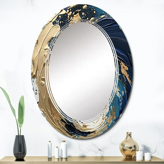 Designart "Strokes in Dark Blue and Gold VI" Abstract Round Wall Mirror - Modern Oval Printed Decorative Oversized Mirror - Multiple Color Options