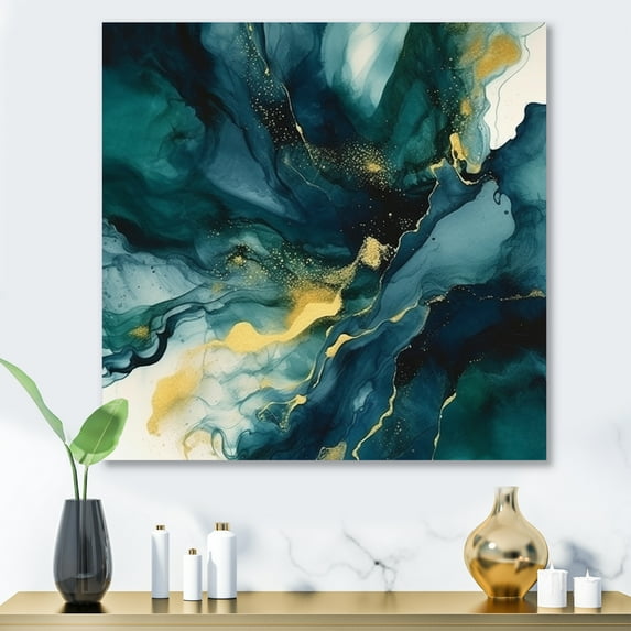 Designart "Strokes in Dark Blue and Gold XIX" Fractals Metal Wall Art