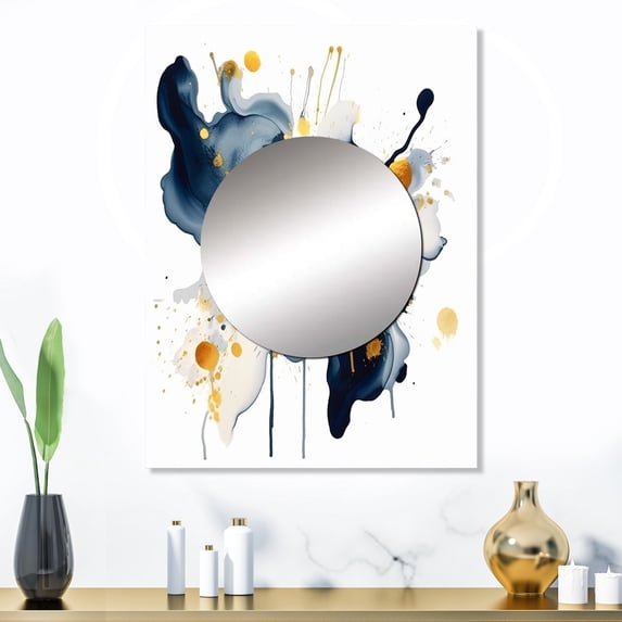 Designart "Strokes in Dark Blue and Gold XXII" Fractals Mirror Wall Decor - Modern Blue Abstract Mirror Wall Art For Entryway - 32" x 24" Inch
