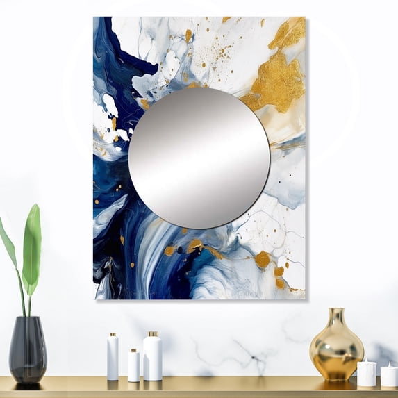 Designart "Strokes in Dark Blue and Gold XXIII" Fractals Mirror Wall Decor - Modern Blue Abstract Dining Room Wall Mirror Art - 32" x 24" Inch