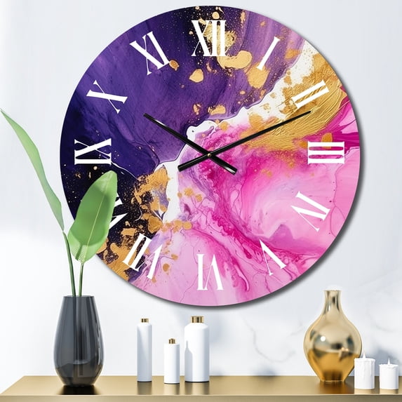 Designart "Strokes in Purple and Pink IV" Fractals Oversized Wall Clock