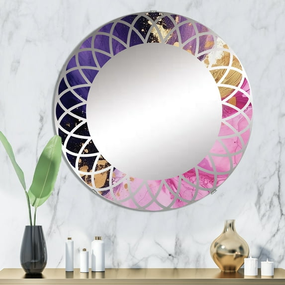 Designart "Strokes in Purple and Pink IV" Fractals Round Wall Mirror - Modern Oval Printed Decorative Oversized Mirror - Multiple Color Options