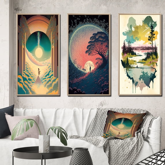 Designart "Stroll Toward the Full Moon Glow I" Abstract Landscape Framed Wall Art Set Of 3 - Blue Abstract Landscapes Frame Gallery Wall Set For Home Decor