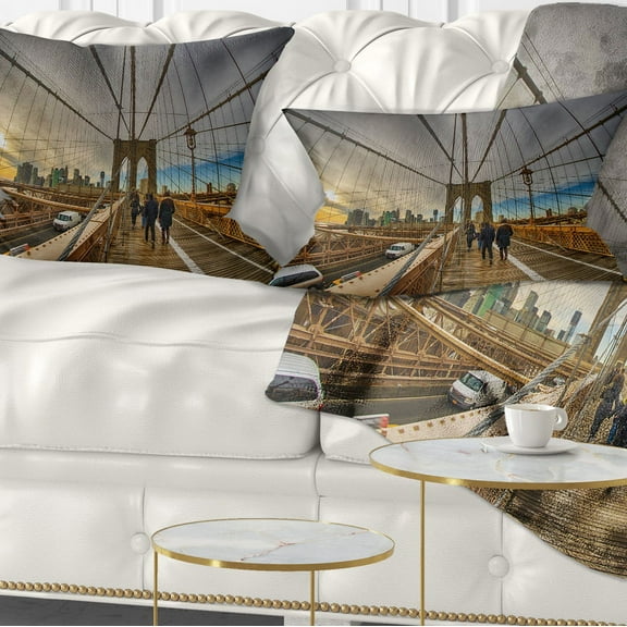 Designart Strolling on Brooklyn Bridge - Landscape Photo Throw Pillow - 12x20