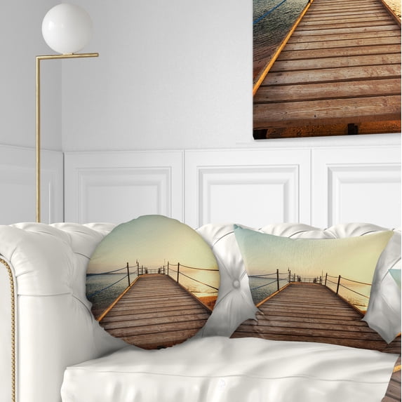 Designart Strong Wooden Boardwalk into Sea - Bridge Throw Pillow - 12x20