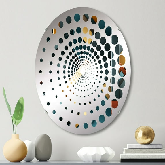 Designart "Structured Elegance in Teal Geometry" Geometric Spiral Dot Round Wall Mirror - Oval Printed Decorative Mirror - Multiple Color Options