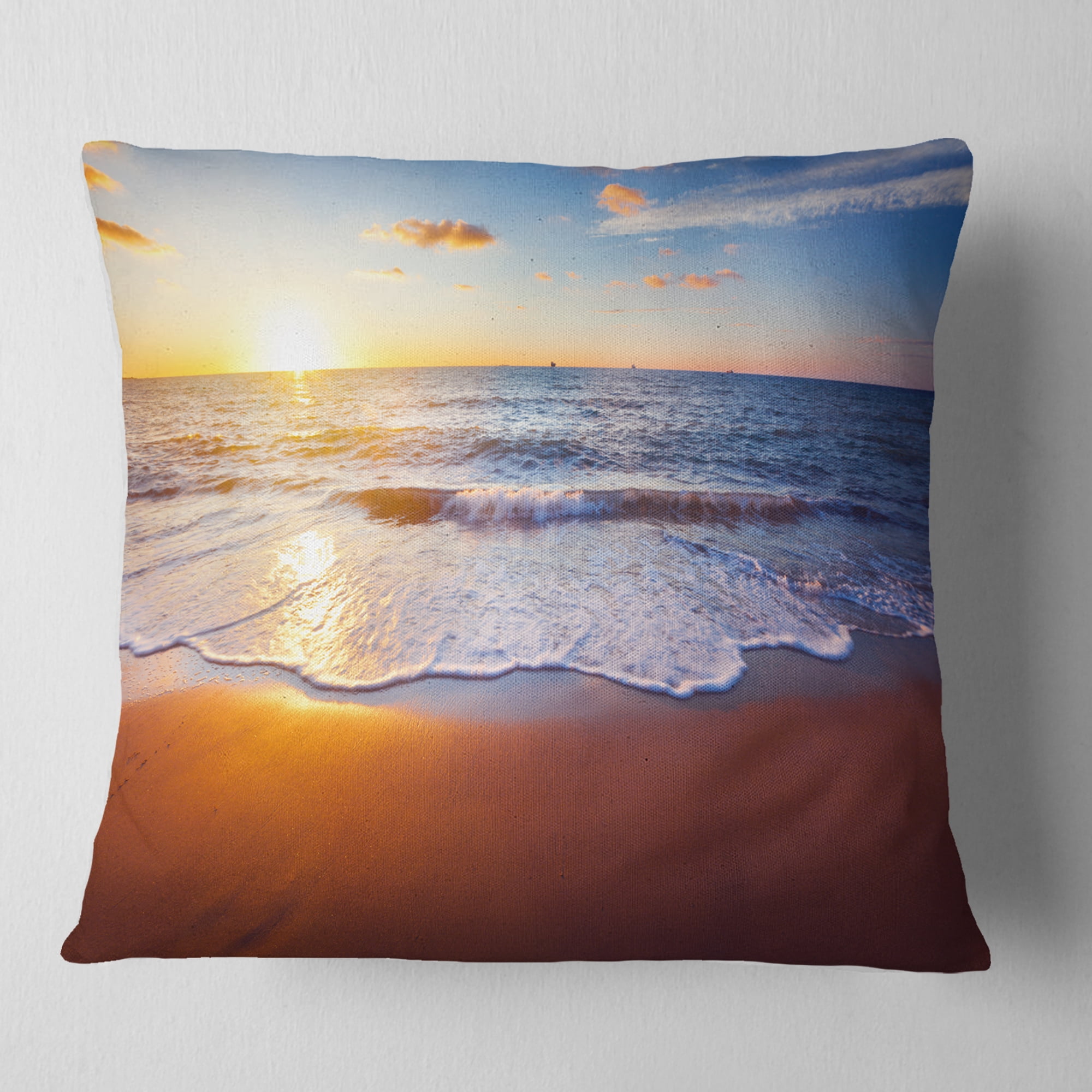 Designart Stunning Blue Waves and Brown Sand - Beach Photo Throw Pillow - 16x16