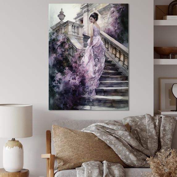 Designart "Stunning Girl By The Stairs I" Woman Romantic Wall Art For Kitchen